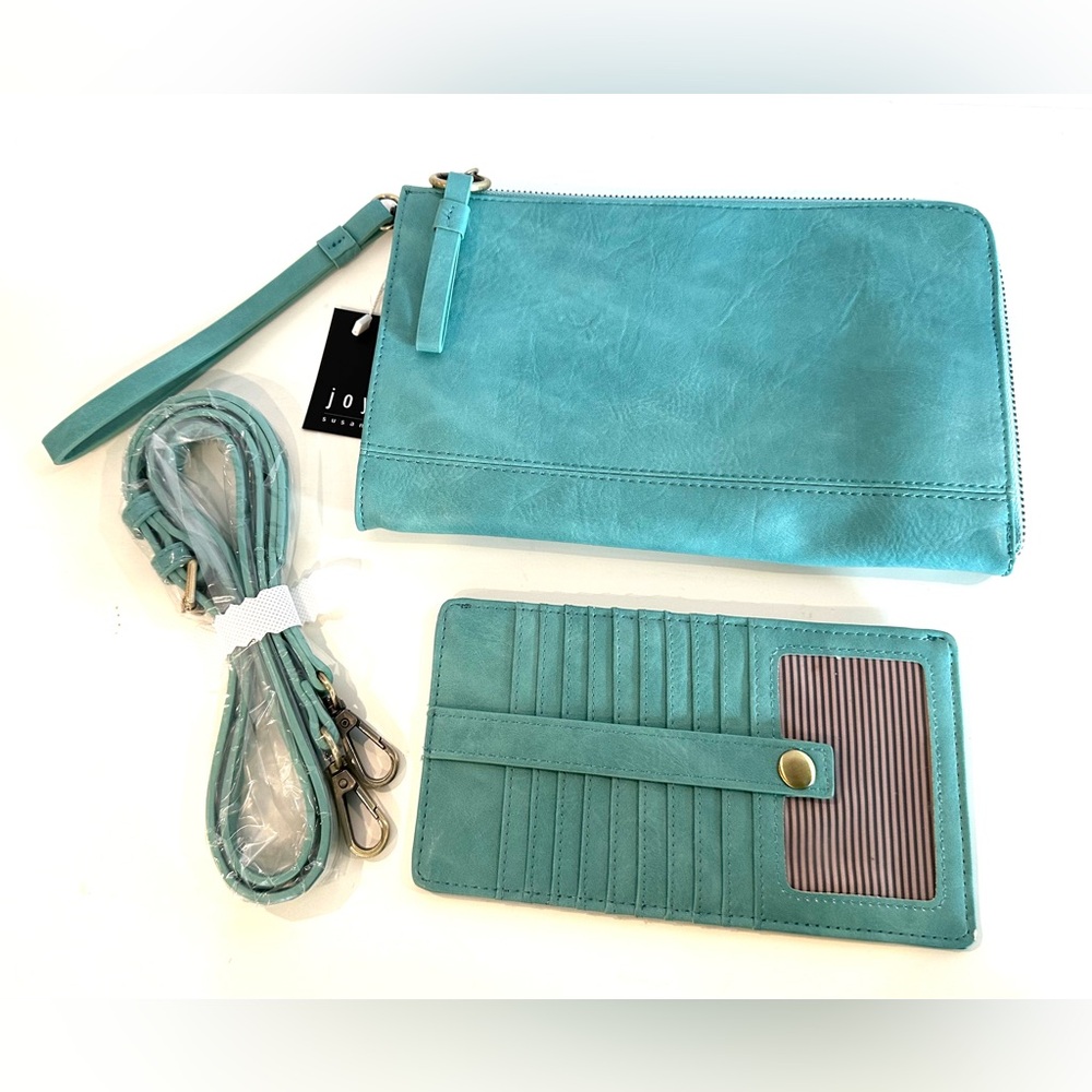 Susan Joy NWT Teal Blue Leather Wristlet/Shoulder Bag with Matching Wallet